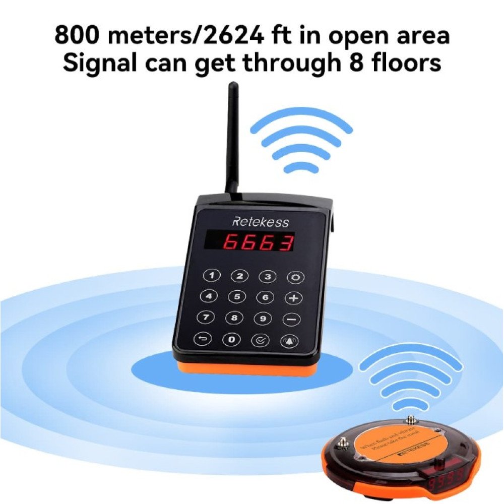 Retekess TD156 – vandeniui atsparūs klientų imtuvai su įkrovimo baze (10 vnt.) Retekess TD156 IP67 atspari iškvietimo sistema su 10 imtuvų restoranams ir klinikoms