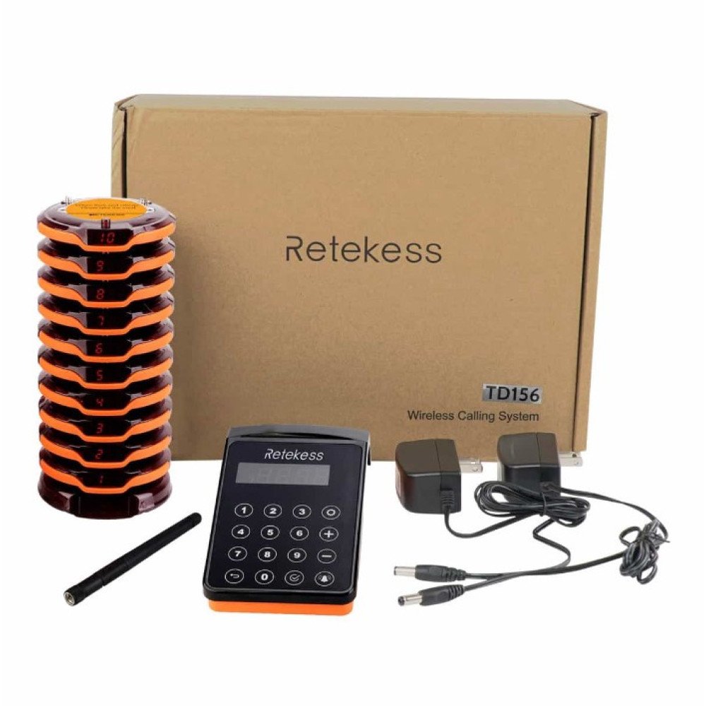 Retekess TD156 – vandeniui atsparūs klientų imtuvai su įkrovimo baze (10 vnt.) Retekess TD156 IP67 atspari iškvietimo sistema su 10 imtuvų restoranams ir klinikoms