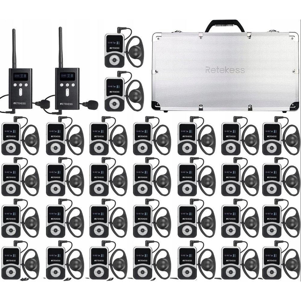 Retekess T130S T131S gido sistema – 30 vartotojų su įkrovimo dėklu Bevielė ekskursijų gido sistema Retekess T130S T131S – 30 imtuvų, įkrovimo dėklas